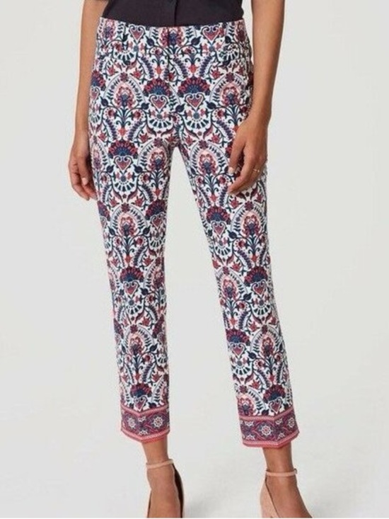 LOFT Pants - Ann Taylor LOFT Riviera Marisa Cropped Pants Size 8 Pink Navy Paisley Pull-On